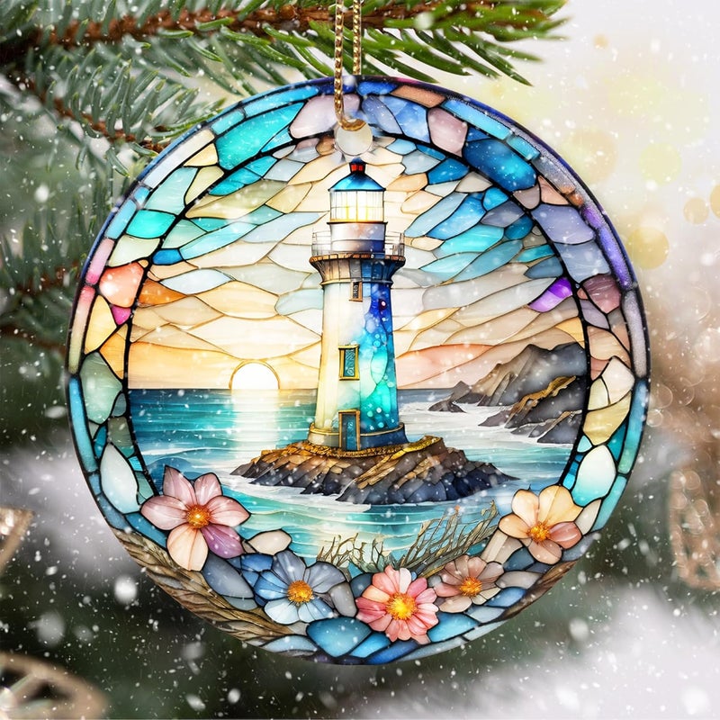 Touber Stained Ceramic Lighthouse Ornament - Christmas Tree Ornaments - Christmas Decorations - Lighthouse Decor for Office, Room, Home - Holiday Present Ideas - Image 1
